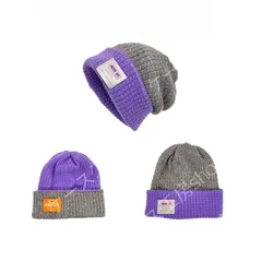冬用厚手ニットハット メンズレディース 正逆反転可 大きい頭囲 紫灰撞色 街?風冷帽