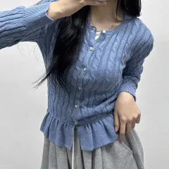 ポロ ラルフローレン ガールズ ケーブル フリル ニット カーディガン (L)