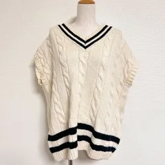 OLDDERBY KNITWEAR オールダービーニットウェア イギリス製 チルデンニットベスト ウール100% オーバーサイズ Vネックケーブルニットベスト ナチュラル×ネイビーライン FREE