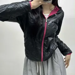 プーマ 日本版 ブラック ピンク キルト ジャケット 軽量 フード ダウン (L)