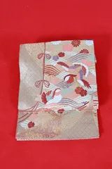 袋帯　ゴールド　白　茶　緑　桜色　几帳　波　鴛鴦　唐織　B1253