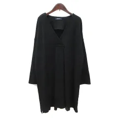 ナノベース nano BASE ワンピース ひざ丈 ニット リブ カシュクール 長袖 F 黒 ブラック /MS