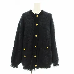 ミラオーウェン Mila Owen 24SS Tweed Knit Jacket ツイードニットジャケット ノーカラー フリンジ 金ボタン 0 紺 ネイビー 09WNJ241110 /KU