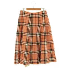 バーバリーブルーレーベル BURBERRY BLUE LABEL リネン混 チェック プリーツスカート ひざ丈 38 オレンジ /DF ■OS