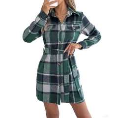 レディース チェック シャツワンピース 長袖 秋冬 カジュアル クリスマス パーティー 仮想ポケット