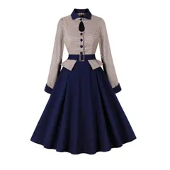 レディース 千鳥格子 レース 透かし彫り ワンピース 長袖 秋冬 レトロ  切り替え 忘年会 ドレス