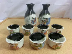 未使用に近い　九谷焼　清峰作　七福神　酒器セット　共箱付き　徳利2本＆お猪口7個　縁起物