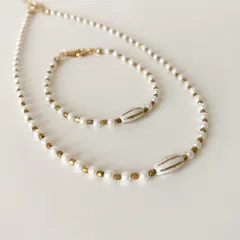 143. 【セット】パールと真鍮 大人カジュアルチョーカーネックレス&ブレスレットセット