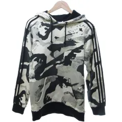 アディダス adidas 美品 パーカー フーディー スウェット 長袖 総柄 白 ホワイト 黒 ブラック