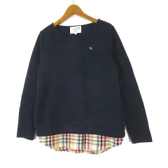 アーノルドパーマー Arnold Palmer ニット セーター レイヤード チェック ブラウス ロゴ 刺繍 クルーネック 長袖 L 3 紺 ネイビー マルチカラー