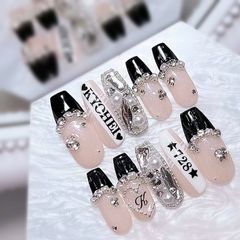 ネイルチップ 量産型 千鳥柄 ワンホンネイル 韓国ネイル 黒ネイル 白