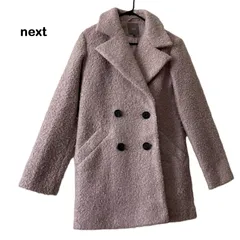 【next/ネクスト】ウールライクコート チェスターコート ダブルブレスト ミドル丈 裏地付き もこもこ コート パープル 紫 洗濯OK（中古）