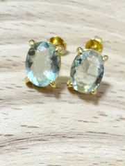 宝石質グリーンフローライトAAA オーバルファセットピアス（Silver925・18KGP）