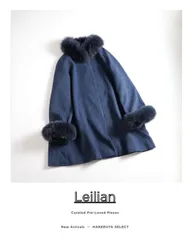 833y*レリアン Leilian カシミヤ 100% フォックスファー Aライン コート 13号 大きいサイズ ネイビー