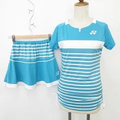 ヨネックス YONEX テニス スポーツウエア 上下セット プルオーバー 半袖 ボーダー 切替 シャーリング フレアースカート 刺繍 青 白 ブルー ホワイト M S