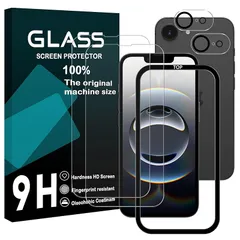 対応 iPhone 16e ガラスフイルム ガイド枠付き 【2+2 枚セット- 国産旭硝子素材 - 高 品質】 iphone 16e フイルム 【2枚】+ レンズフィルム 【2枚】 アイホン16e 液晶保護フィルム アイフォン16e 強化ガラス さらさら あい