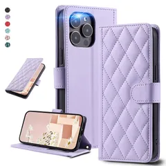 UnivoColors iPhone 14 Pro キルティグレザー調 手帳型ケース エレガント 高質PU マグネット開閉式 カード収納機能 スタンド機能 液晶全面保護 レンズ保護 ストラップ付属(パープル)