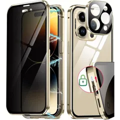 【覗き見防止&スライドロック付き&ワンピースレンズ保護】iPhone15 Pro 用 ケース 「ロック式」「前面覗き見防止+背面クリア+一体型レンズ保護」クリア「透明両面９Ｈ強化ガラス」嵌合部＋ロック 360°全面保護 アルミ バンパー マグネット式 ケース 