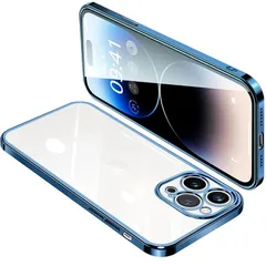 ONETIAOLONG に適合するiPhone14 Pro Max 用のケース クリア アイフォン14ProMax 用のカバー 透明 スマホケース 全面保護 耐衝撃 軽量 メッキ加工 TPU 薄型 ストラップホール付き 滑り止め 落下防止 6.7インチ（ブルー