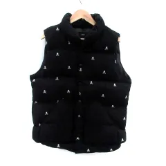 アズールバイマウジー AZUL by moussy ダウンベスト スタンドカラー ミドル丈 スカル柄 S 黒 ブラック オフホワイト /HO15