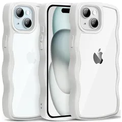 iPhone 15 ケース クリア ウェーブ おしゃれ 韓国 かわいい 可愛い アイフォン15 スマホケース 人気 シンプル 滑り止め 薄型 軽量 耐衝撃 指紋防止 レンズ保護 ストラップホール付き シリコン 透明（ホワイト）
