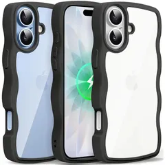 iPhone 17 用 ケース クリア ウェーブ おしゃれ 韓国 かわいい 可愛い アイフォン 17 用 スマホケース 人気 滑り止め 薄型 軽量 耐衝撃 ストラップホール付き シリコン 透明（ブラック）