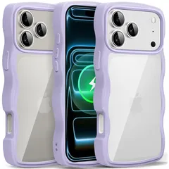 iPhone 17 Pro Max 用 ケース クリア ウェーブ おしゃれ 韓国 かわいい 可愛い アイフォン 17 Pro Max 用 スマホケース 人気 滑り止め 薄型 軽量 耐衝撃 ストラップホール付き シリコン 透明（パープル）