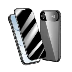 覗き見防止 iPhone 17 Air 用 ケース ロック付き アルミ バンパー メタルフレーム スマホケース 強化ガラスフィルム 一体型レンズ保護 マグネット式アイフォン17air 用 両面ケース，ブラック