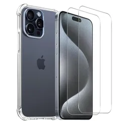 iPhone 15 Pro ケース 【ガラスフィルム付き・液晶保護フィルム2枚】 クリア iphone15pro 保護ケース 黄ばみなし いphone15プロ ケース 米軍MIL規格 耐衝撃 耐久性 滑り止め 全面保護 ワイヤレス充電対応 アイホン15 プロ 