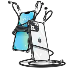 iPhone13 mini ケース クリア ショルダー iPhone13mini スマホケース アイフォン13mini カバー 肩掛け 斜めかけ 縄掛けケース 透明 薄型 軽量 TPU 携帯ケース 紐付き 斜めがけ 織りストラップ付き 長さ調整可能 取り外し可