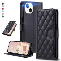 UnivoColors iPhone 14 キルティングレザー調 手帳型ケース エレガント 高質PU マグネット開閉式 カード収納機能 スタンド機能 液晶全面保護 レンズ保護 ストラップ付属(ブラック)