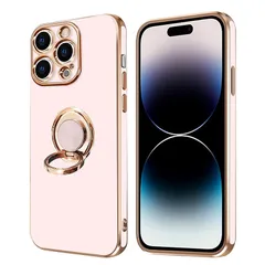 iPhone 14 Pro Max ケース リング付き アイフォン14Pro Max リング カバー 全面保護 スマホケース TPU 耐衝撃 スタンド機能 車載スタンド対応 ストラップホール付き 擦り傷防止 メッキ加工 6.7インチ（ピンク）