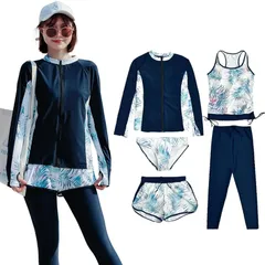 [Teddy] フィットネス 水着 レディース 体型カバー ラッシュガード 5点セット タンクトップ レギンス 長袖ラッシュパーカー UPF50+ UVカット率 98.7% 大きいサイズ hys2128 L(11号) O:ネイビー×ボタニカル 0