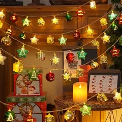 【星と雪の結晶】LEDクリスマスストリングライト 149.86cm 電池式 ヴィンテージスタイル クリスマスツリー装飾 ホリデーパーティー照明 イルミネーション