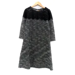 ストロベリーフィールズ STRAWBERRY-FIELDS ワンピース ラウンドネック 長袖 ひざ丈 レース 切替 黒 ブラック グレー /HO24