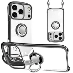 iPhone 17 Pro 用 ケース ショルダー リング ストラップ アイフォン17プロ 用 カバー 斜めかけ 肩掛け スタンド機能 マグネット式車載ホルダー 韓国 iPhone17Pro 用 スマホケース （ブラック）