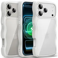 iPhone 17 Pro Max 用 ケース クリア ウェーブ おしゃれ 韓国 かわいい 可愛い アイフォン 17 Pro Max 用 スマホケース 人気 滑り止め 薄型 軽量 耐衝撃 ストラップホール付き シリコン 透明（ホワイト）