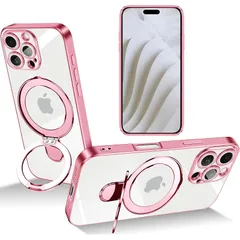 iPhone 16 Pro Max ケース Magsafe対応 ワイヤレス充電対応 リング付き マグネット搭載 隠しスタンド スタンド機能 縦横両対応 ストラップホール付き TPU 衝撃吸収 滑り止め 落下防止 アイフォン 16 プロ マックス カバー（ピンク