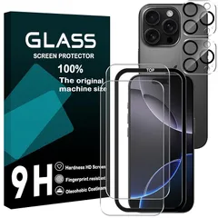 対応 iPhone 16 Pro フィルム ガイド枠付き 指紋防止 【2+2 枚セット-国産AGC旭硝子 - 高 品質】 iPhone16pro ガラスフイルム 【2枚】+ レンズ保護フィルム 【2枚】 アイフォン16 プロ 液晶/レンズ 保護 あいふおん16