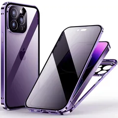 覗き見防止 iPhone 14用 ケース ロック付き アルミ バンパー メタルフレーム スマホケース 強化ガラスフィルム 一体型レンズ保護 マグネット式アイフォン14 両面ケース,パープル