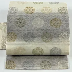 名古屋帯 秀品 夏帯 華文 縞 金糸 クリーム 正絹 【中古】