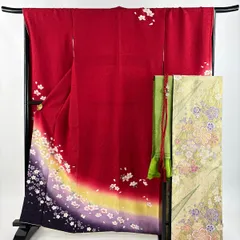 振袖 身丈161.5cm 裄丈68cm L 袷 袋帯フルセット やまと 桜 花びら 染め分け 赤 正絹 秀品 【中古】