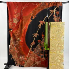振袖 身丈164cm 裄丈68cm L 袷 袋帯フルセット 橘 竹 金糸 金彩 赤茶 正絹 秀品 【中古】