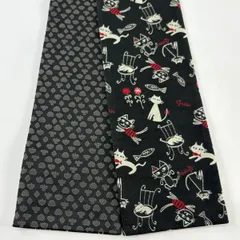 【美品】半幅帯 優品 猫 魚 黒 化繊 【中古】
