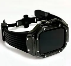 改良版　ブラック　アップルウォッチバンド ラバーベルト ステンレス カバー　Apple Watch ケース 44mm 45mm 4 5 6 7 8 se メンズ レディース スポーツ