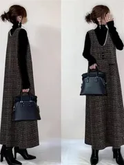 ジャンパースカート　キャミワンピース　パール　チェック柄　ロング　Lサイズ①