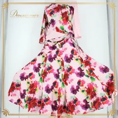 社交ダンス 衣装 スタンダード 上下セット ツーピース パーティ衣装 レディース オールシーズン Leirena レイリーナ ピンク系 ピンク 赤 緑 フラワー 花柄 伸縮性 ゴムウエスト レディス モダンダンス パーティー スカート トップス セットアップ