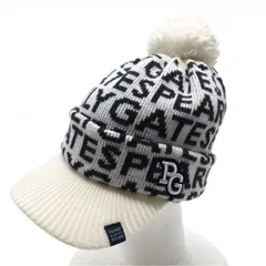 【超美品】パーリーゲイツ つば付ニット帽 白×黒 ロゴ総柄 ボンボン付 FR  ゴルフウェア PEARLY GATES