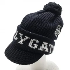 【美品】パーリーゲイツ つば付きニット帽 ネイビー×白 ボンボン付き ウール混 内側フリース FR  ゴルフウェア PEARLY GATES