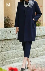 Mサイズ　⭐︎12月限定価格⭐︎　ルイルエブティック リボンベルト付き ノーカラー コート ジャケット  トップス  ブラウス　テーパードパンツ　3点　セットアップ　紺　ネイビー　フォーマル　セレモニー　スーツ